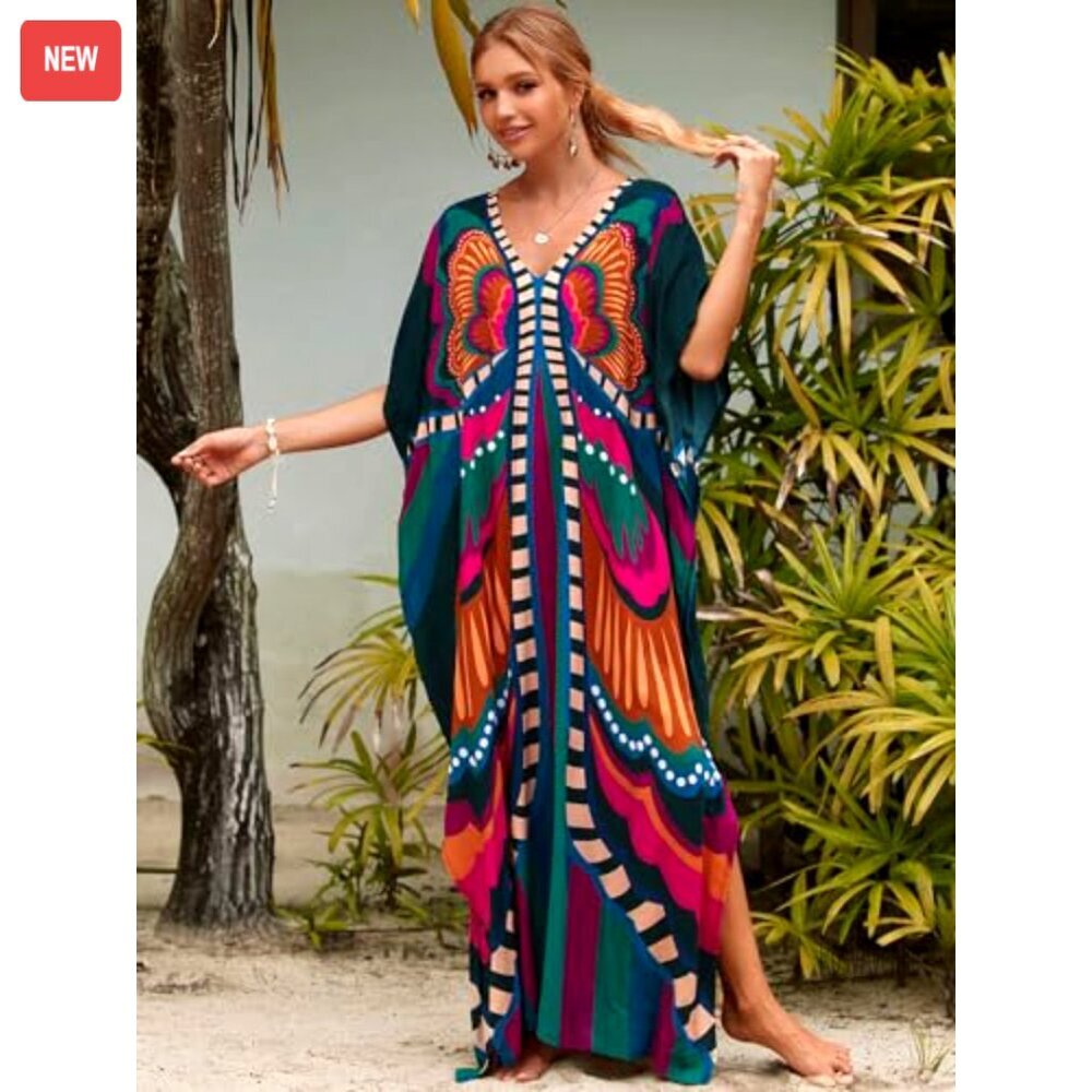 Plus Size Kaftan Maxi Beach Dress Cover Up Flowing Synthetic Silk - Picture 8 of 8